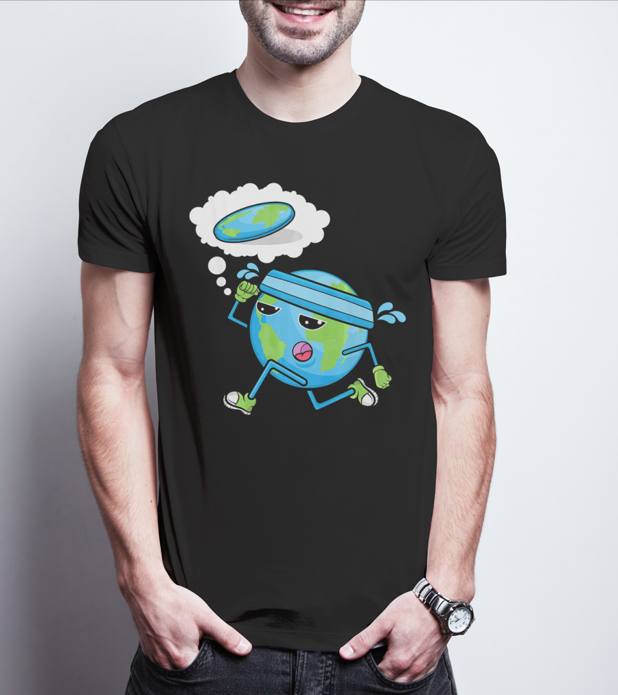 Flat Earth Gym Runner Cartoon With Sweatband And Sneakers T-Shirt