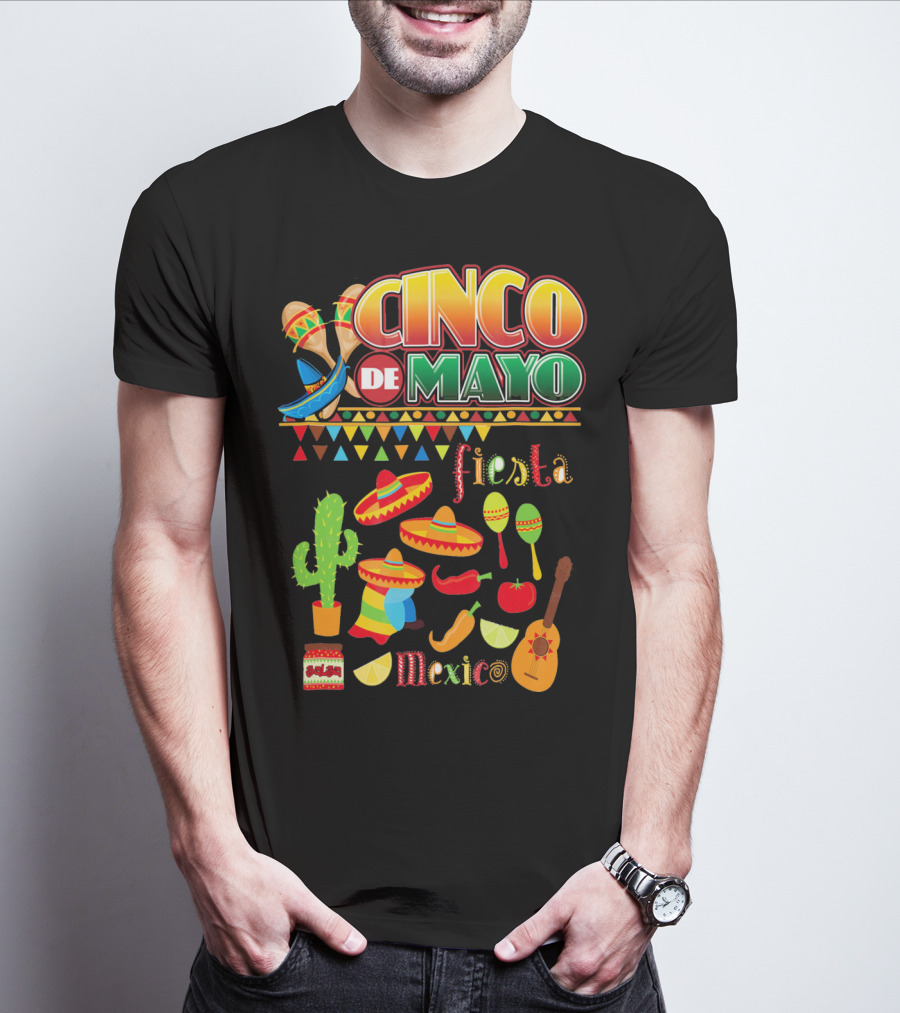 Cinco De Mayo Fiesta Mexico Cactus Sombrero Maracas Guitar Lime Chilli Peppers Icons T-Shirt