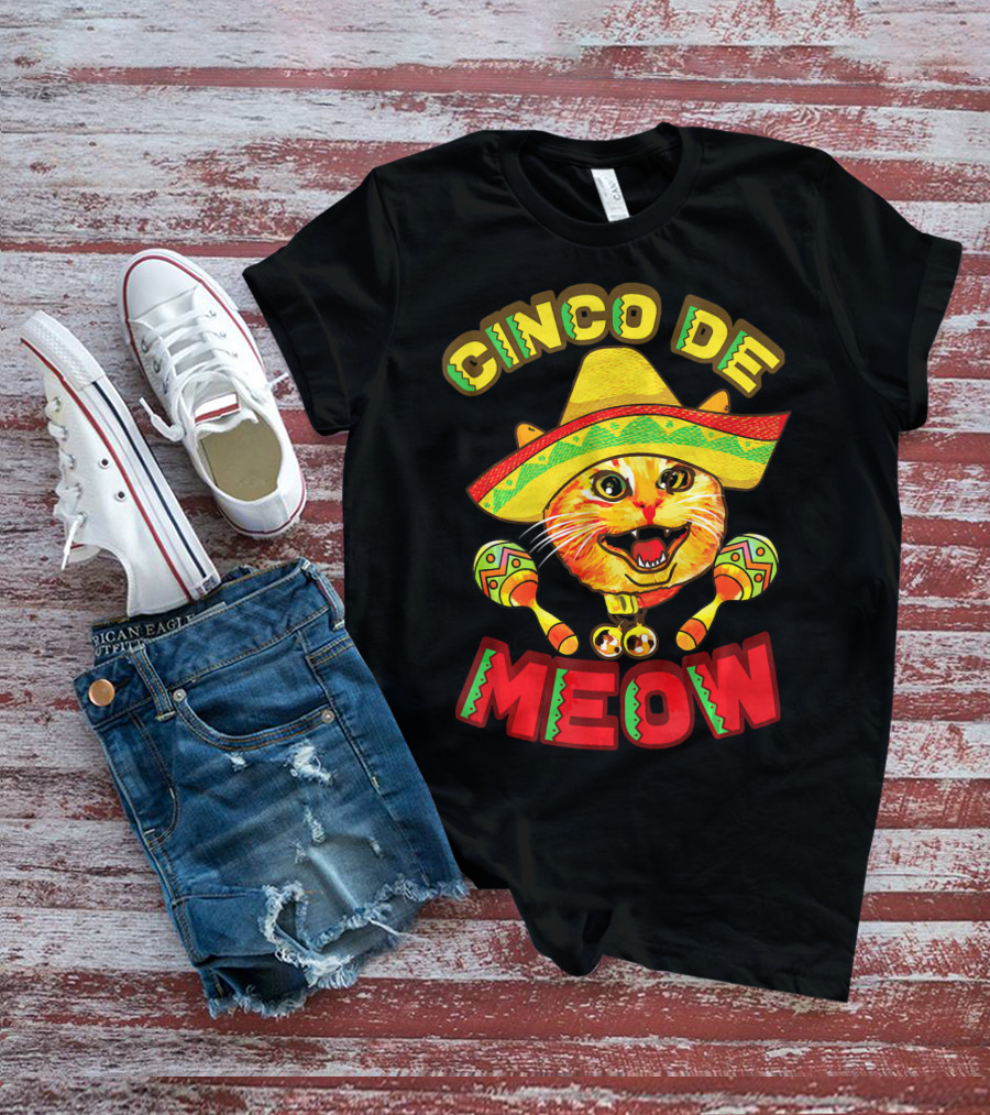 Cinco De Meow Cat With Sombrero And Maracas Fiesta T-Shirt