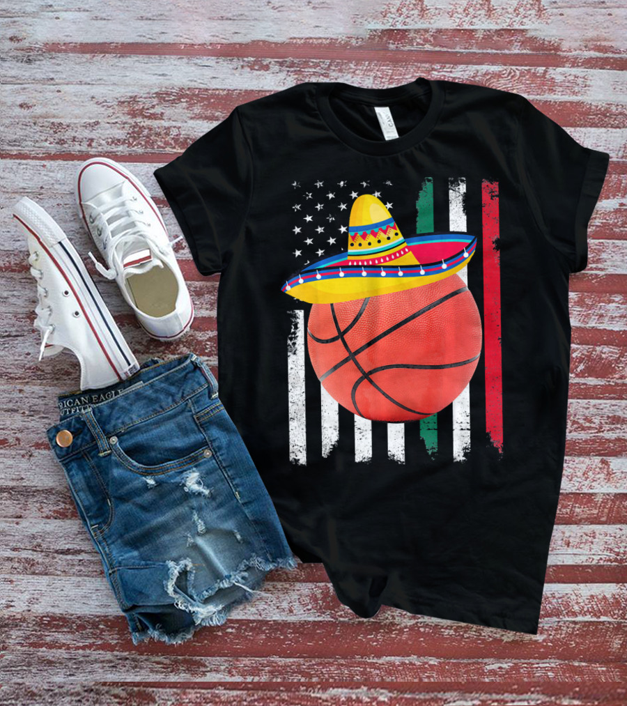 Cinco De Mayo Basketball Sombrero USA Mexico Flag T-Shirt