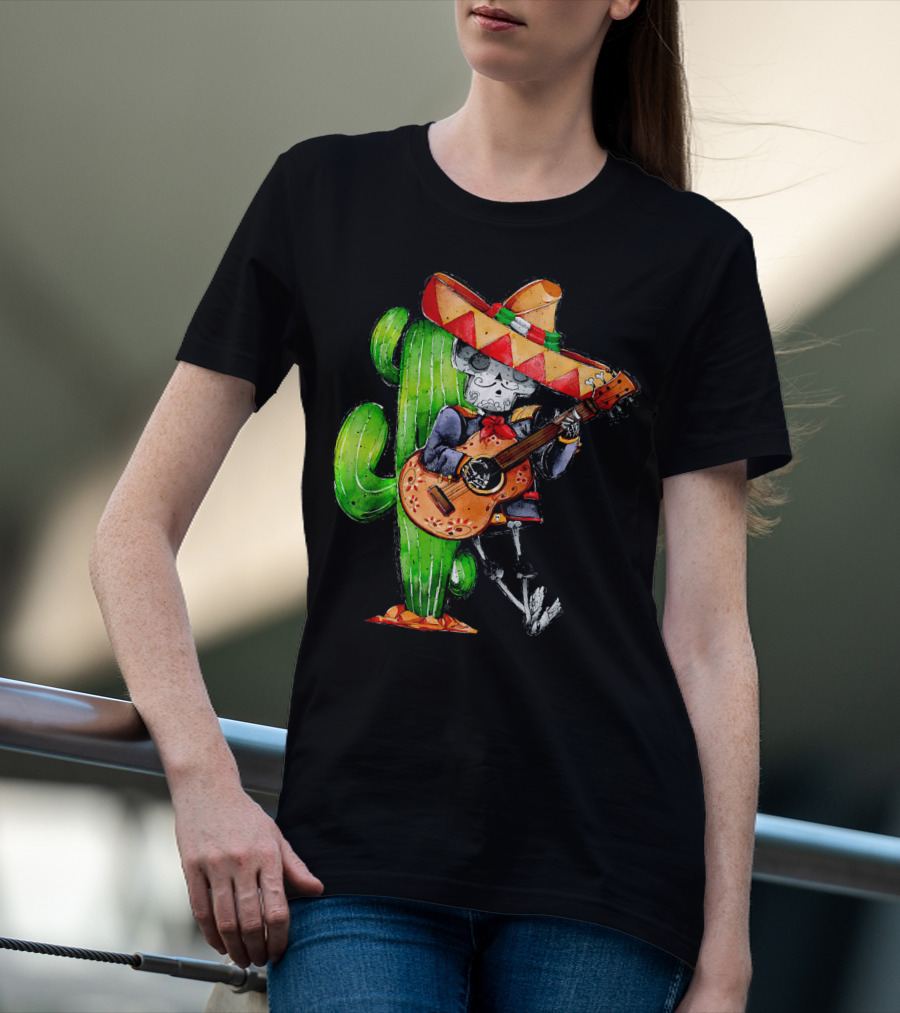 Mexican Independence Cinco De Mayo Mariachi Skeleton With Sombrero And Guitar T-Shirt