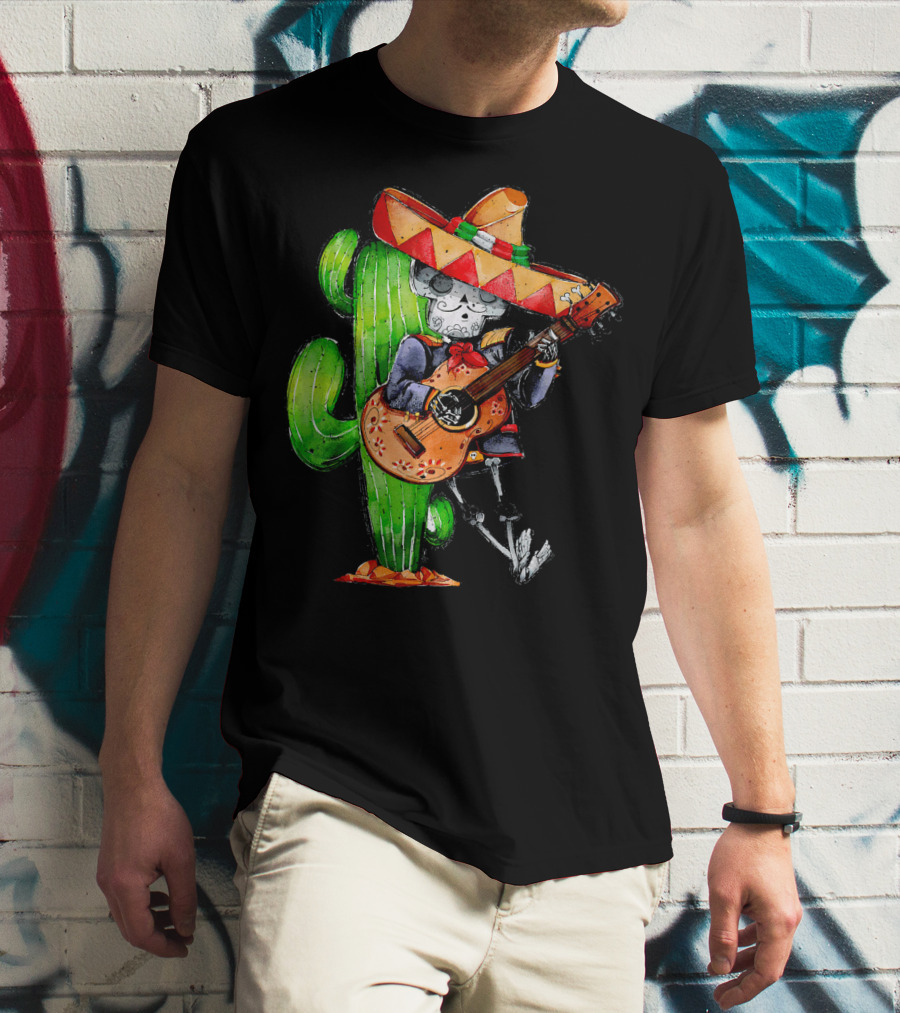 Mexican Independence Cinco De Mayo Mariachi Skeleton With Sombrero And Guitar T-Shirt