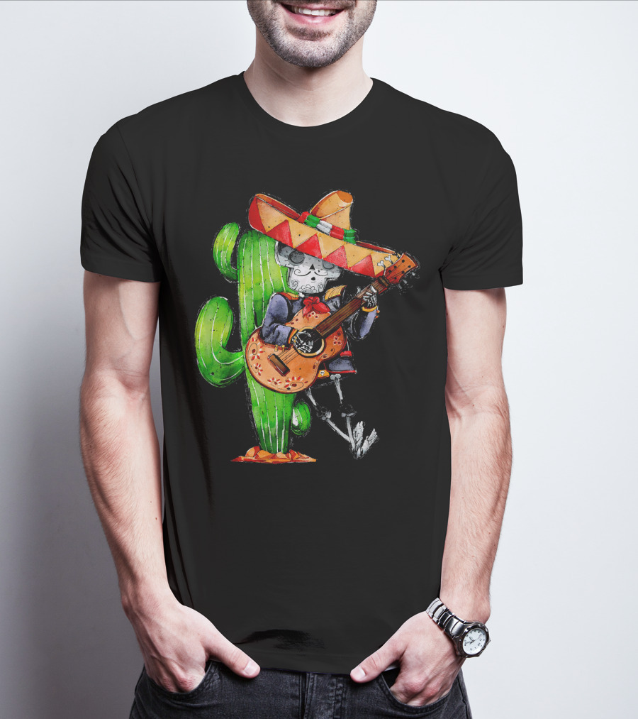 Mexican Independence Cinco De Mayo Mariachi Skeleton With Sombrero And Guitar T-Shirt