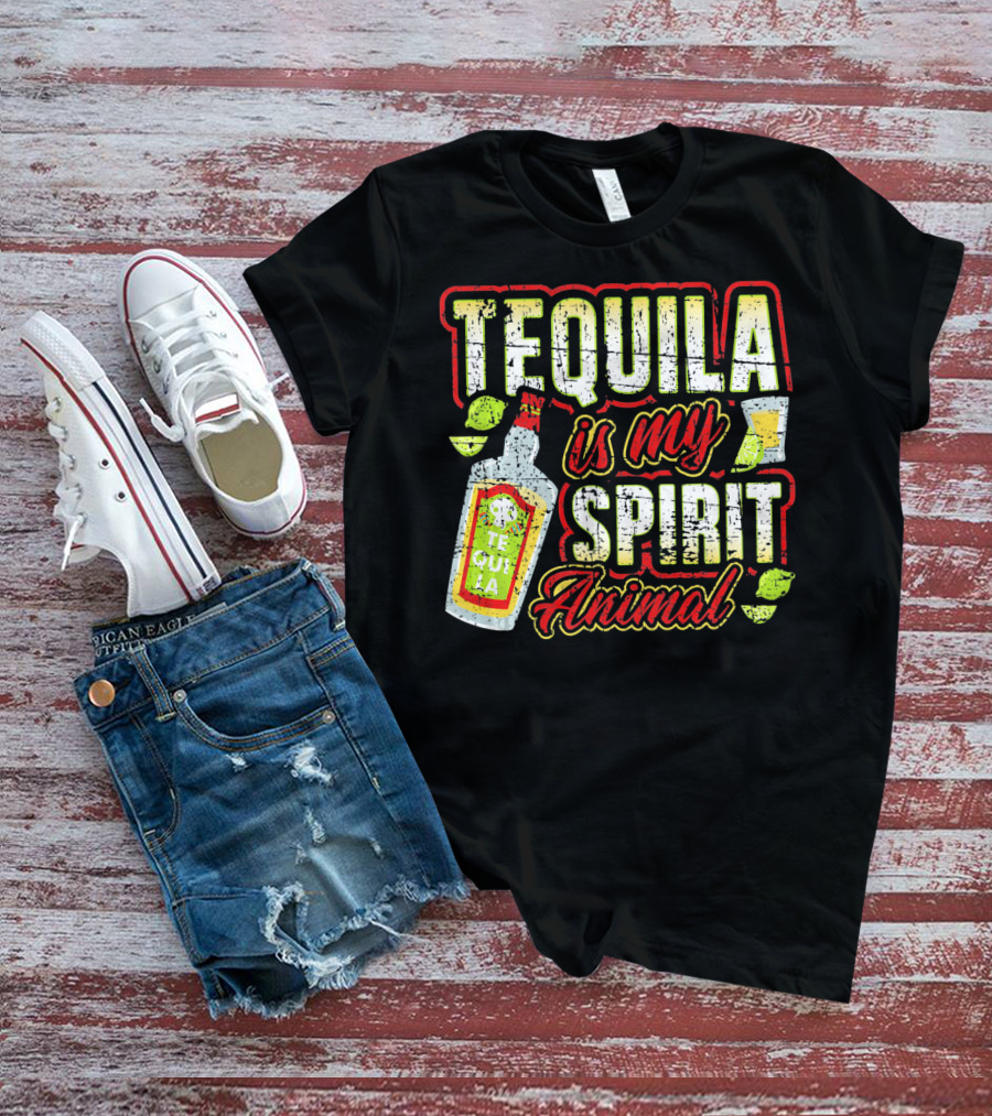 Tequila Is My Spirit Animal Tequila Bottle Lime And Glass T-Shirt