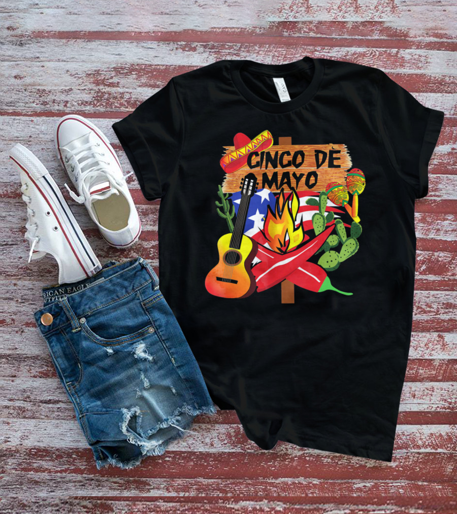 Cinco De Mayo America Loves Mexico With Sombrero Guitar Peppers Cactus And Maracas T-Shirt