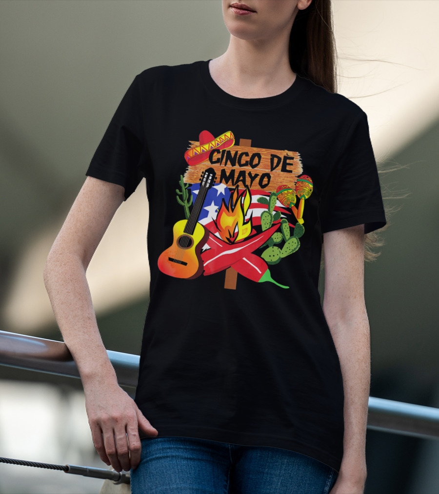 Cinco De Mayo America Loves Mexico With Sombrero Guitar Peppers Cactus And Maracas T-Shirt