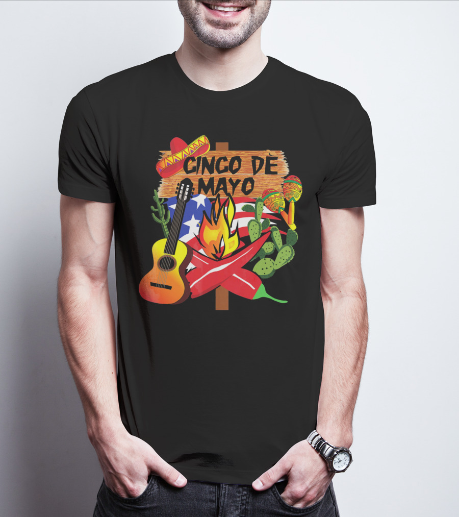 Cinco De Mayo America Loves Mexico With Sombrero Guitar Peppers Cactus And Maracas T-Shirt
