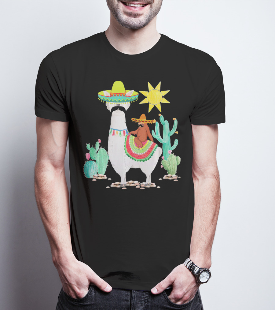Funny Cinco De Mayo Sloth Riding Llama With Sombrero And Cactus Scene T-Shirt