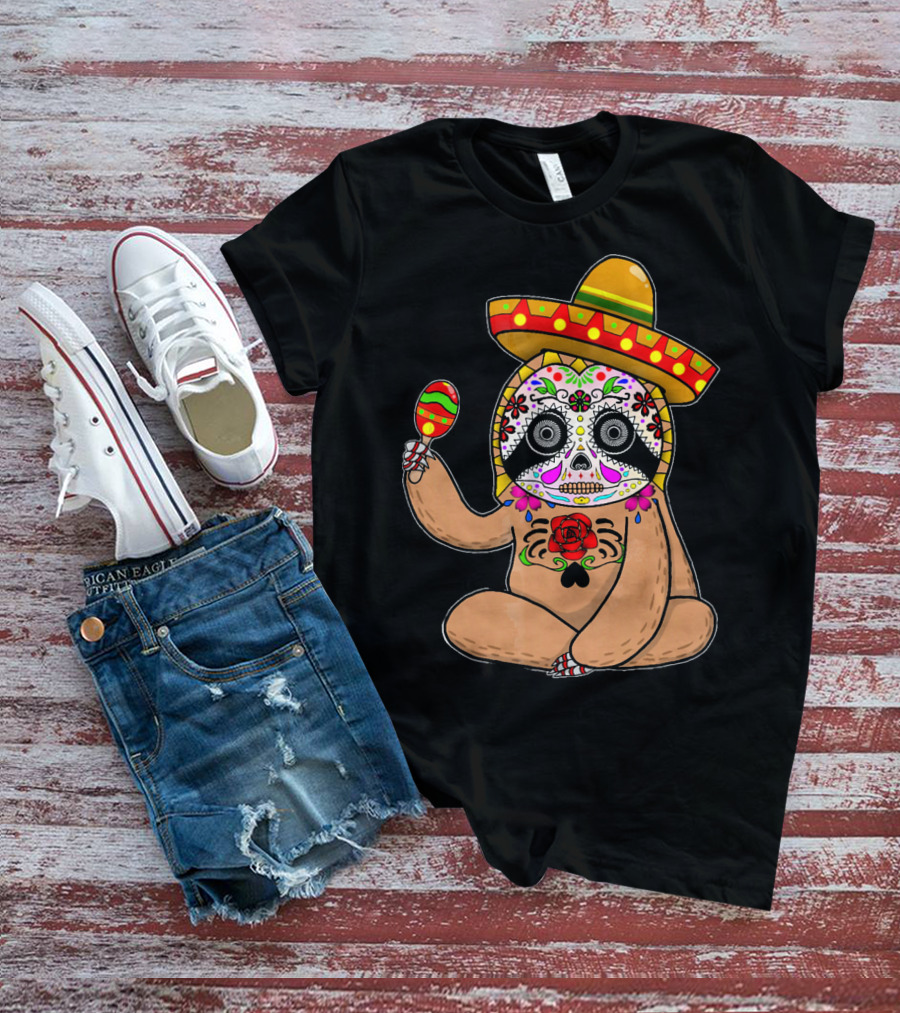 Cinco De Mayo Sloth Day Of The Dead Sombrero Maracas T-Shirt