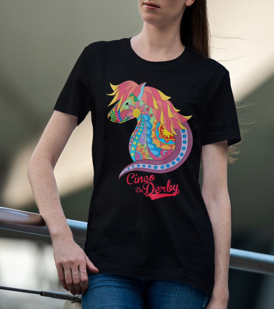 Cinco De Derby Colorful Horse Motif T-Shirt