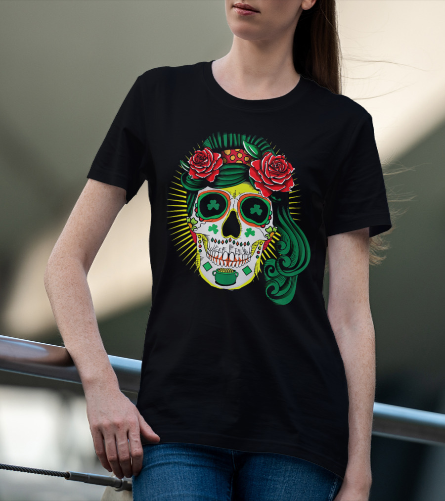 Cinco De Mayo St Patricks Day Shamrock Skull Roses T-Shirt