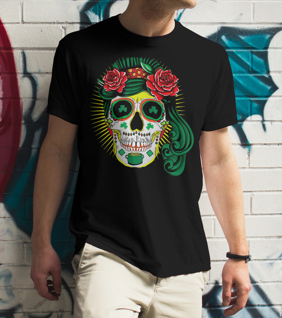 Cinco De Mayo St Patricks Day Shamrock Skull Roses T-Shirt