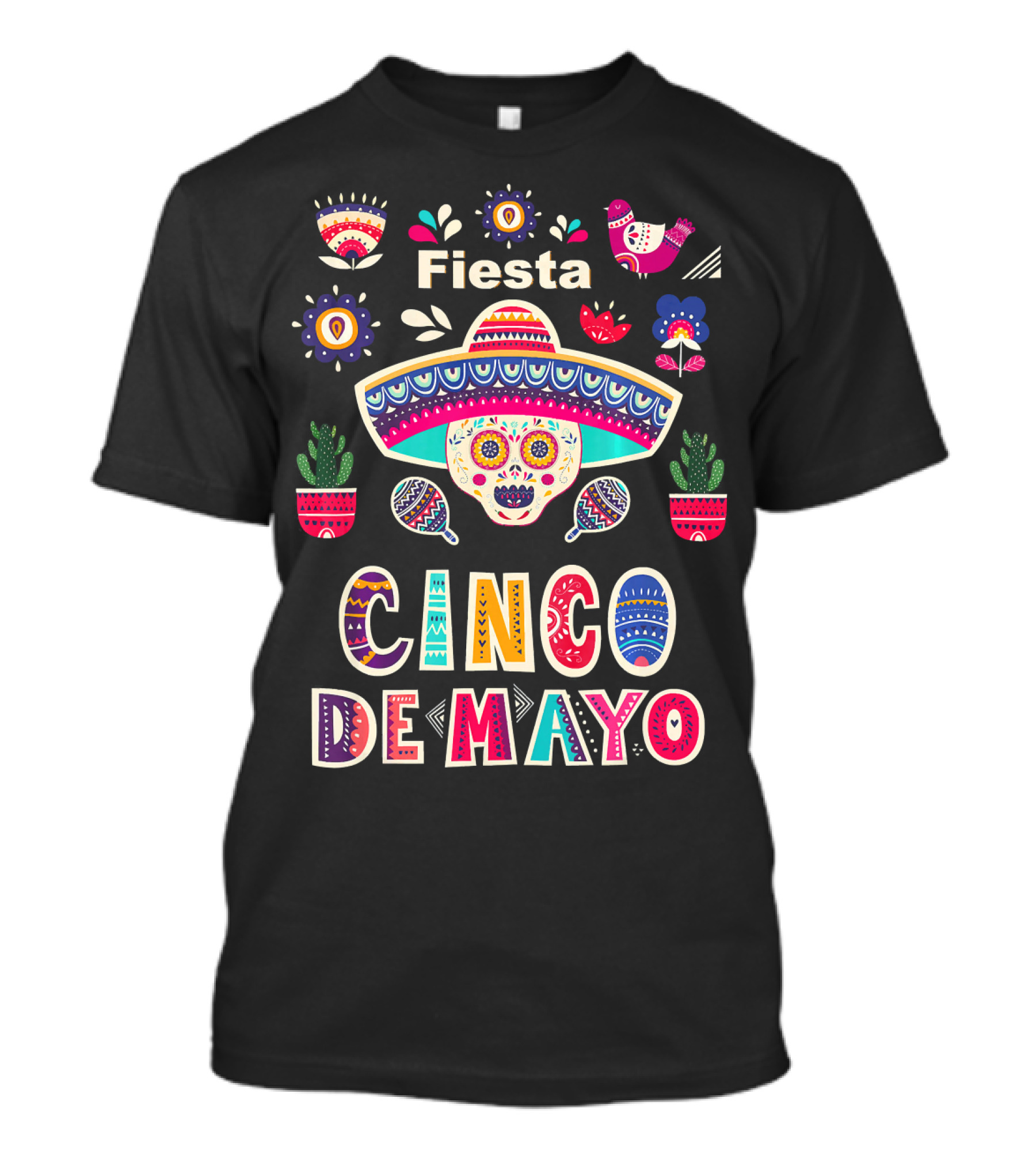Fiesta Cinco De Mayo Mexico Sugar Skull Sombrero And Floral Elements T-Shirt