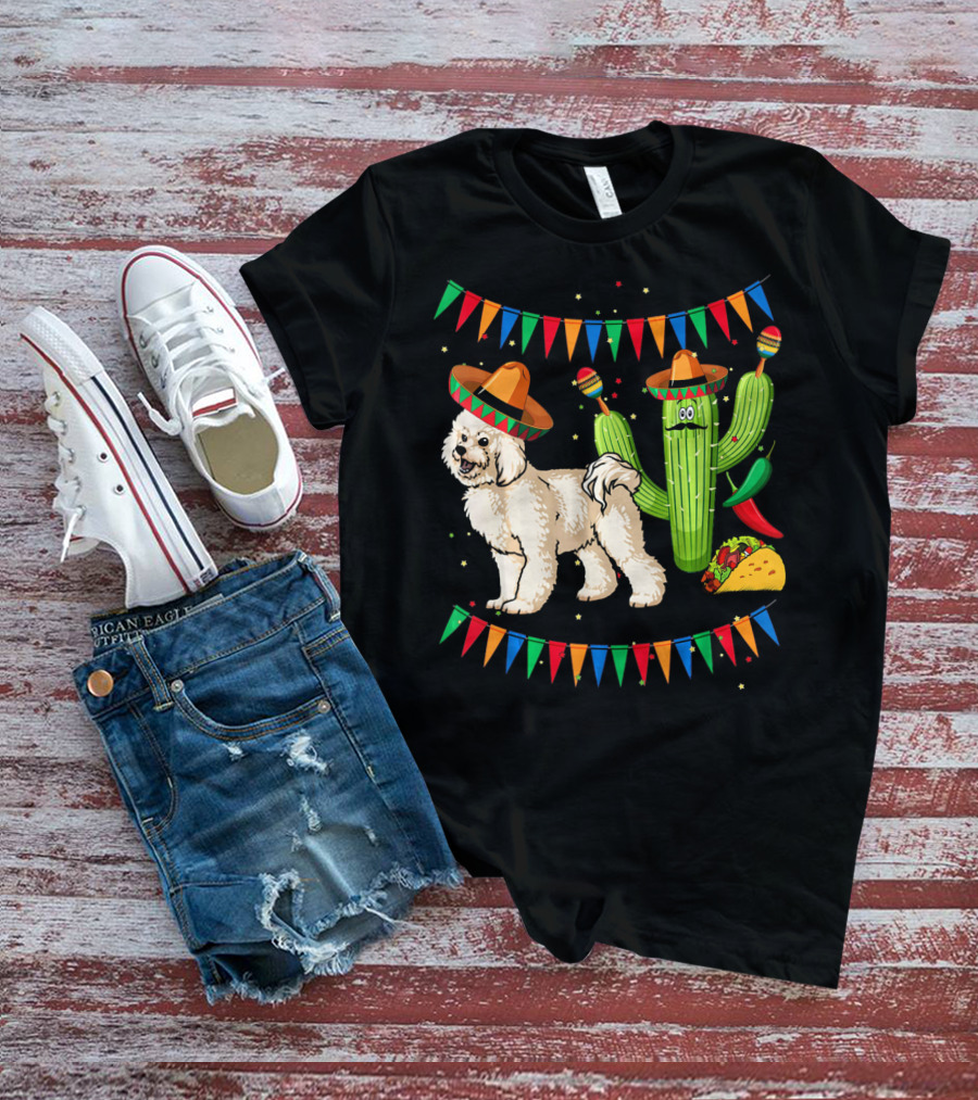 Sombrero Bichon Frise Dog And Cactus With Maracas Mexico Cinco Fiesta T-Shirt