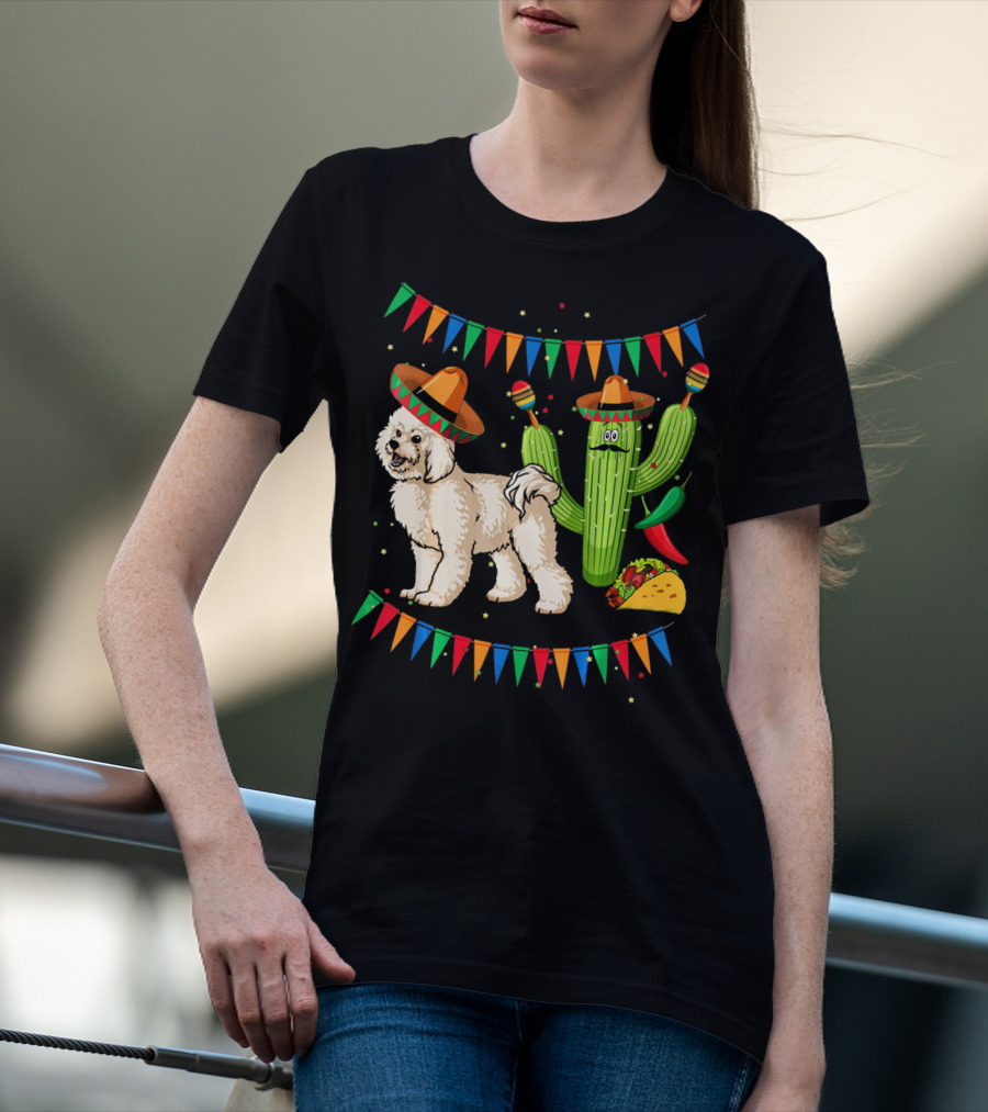Sombrero Bichon Frise Dog And Cactus With Maracas Mexico Cinco Fiesta T-Shirt