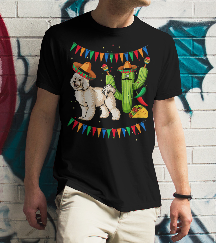 Sombrero Bichon Frise Dog And Cactus With Maracas Mexico Cinco Fiesta T-Shirt