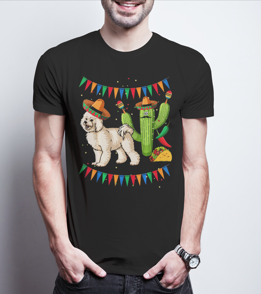 Sombrero Bichon Frise Dog And Cactus With Maracas Mexico Cinco Fiesta T-Shirt