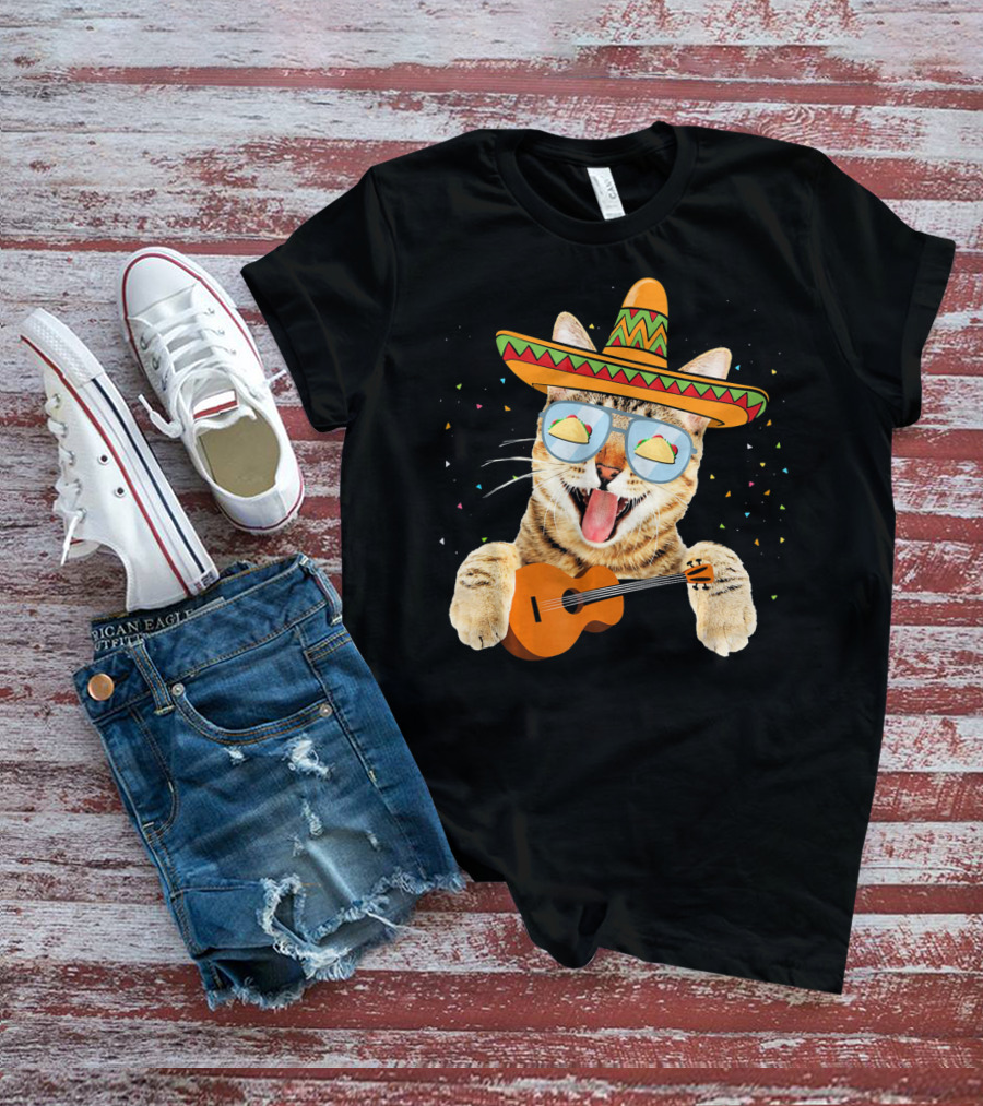 Cinco De Mayo Cat With Sombrero And Guitar T-Shirt
