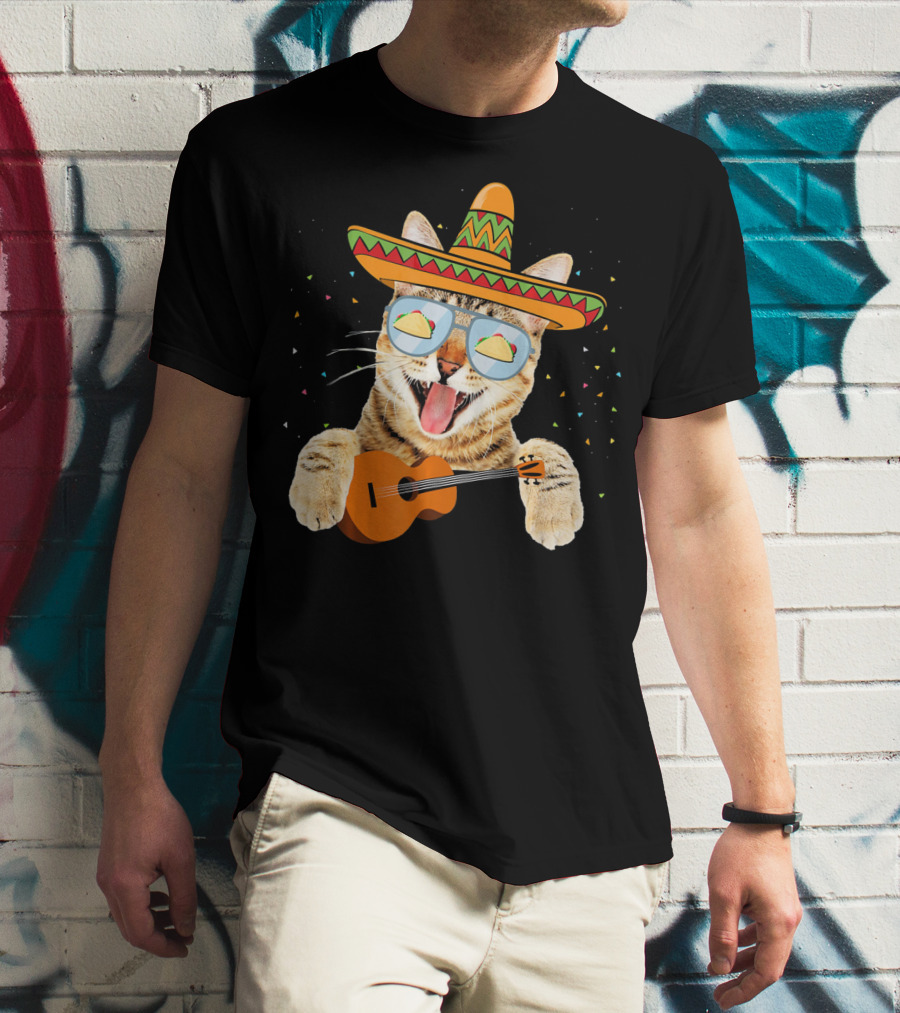 Cinco De Mayo Cat With Sombrero And Guitar T-Shirt