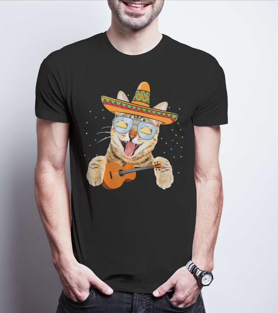 Cinco De Mayo Cat With Sombrero And Guitar T-Shirt