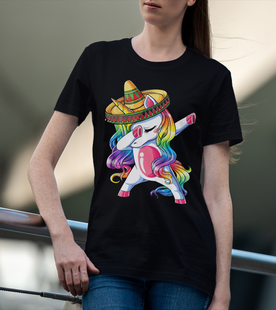 Dabbing Rainbow Unicorn With Sombrero Funny Cinco De Mayo T-Shirt