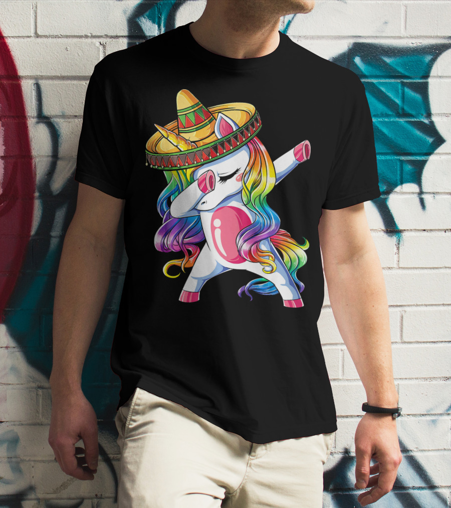 Dabbing Rainbow Unicorn With Sombrero Funny Cinco De Mayo T-Shirt