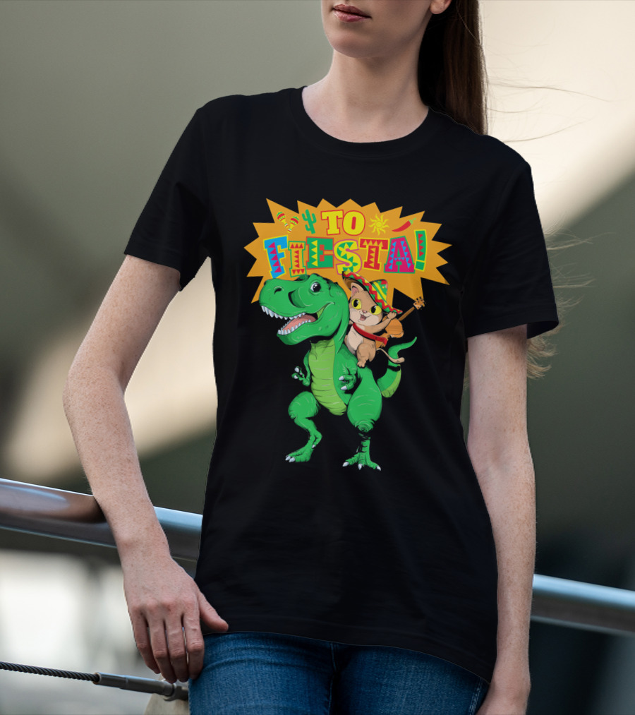 Cinco De Mayo Fiesta Cat Riding Dinosaur T-Shirt