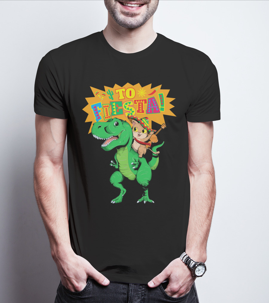 Cinco De Mayo Fiesta Cat Riding Dinosaur T-Shirt