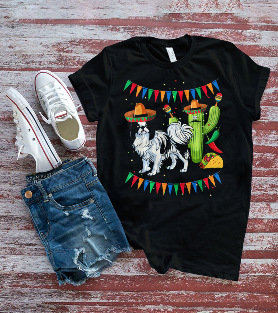 Sombrero Japanese Chin Dog With Cactus And Taco Celebration Mexico Cinco T-Shirt