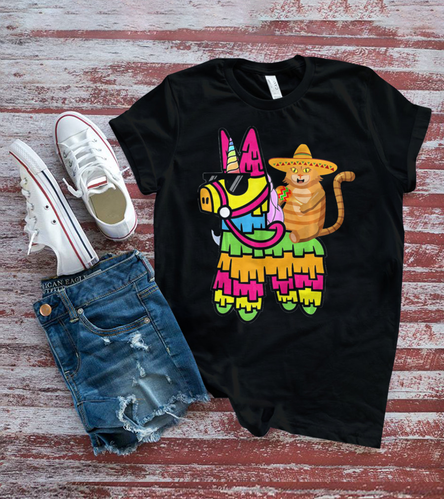 Cinco De Mayo Sombrero Cat On Colorful Pinata With Unicorn And Sunglasses T-Shirt