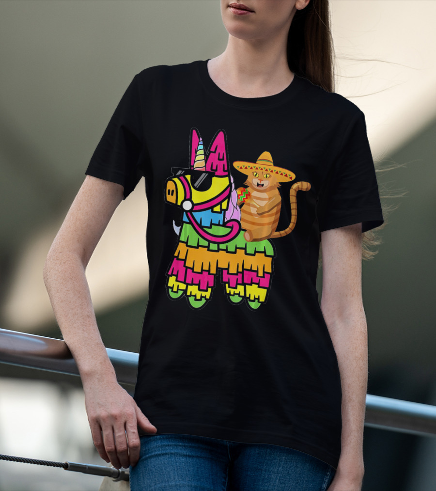 Cinco De Mayo Sombrero Cat On Colorful Pinata With Unicorn And Sunglasses T-Shirt