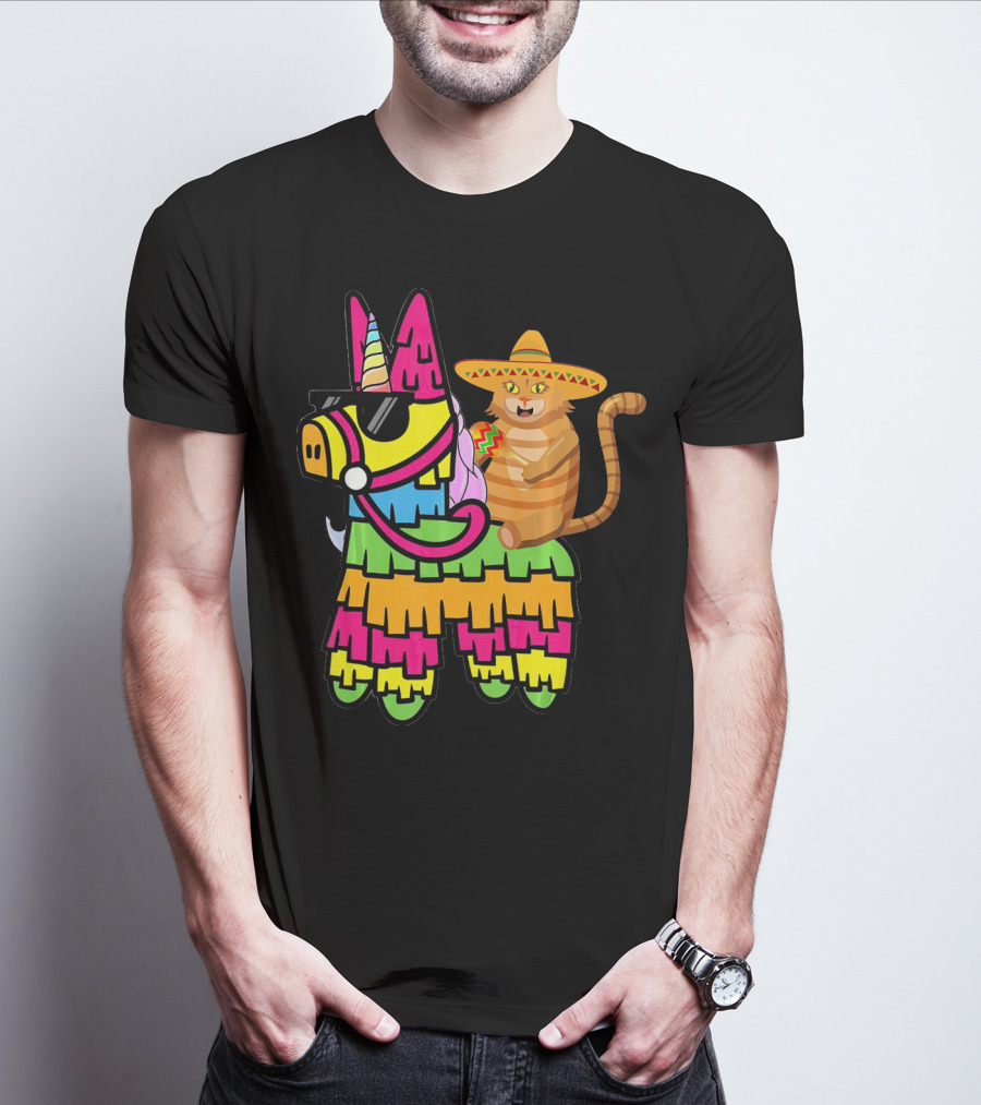 Cinco De Mayo Sombrero Cat On Colorful Pinata With Unicorn And Sunglasses T-Shirt