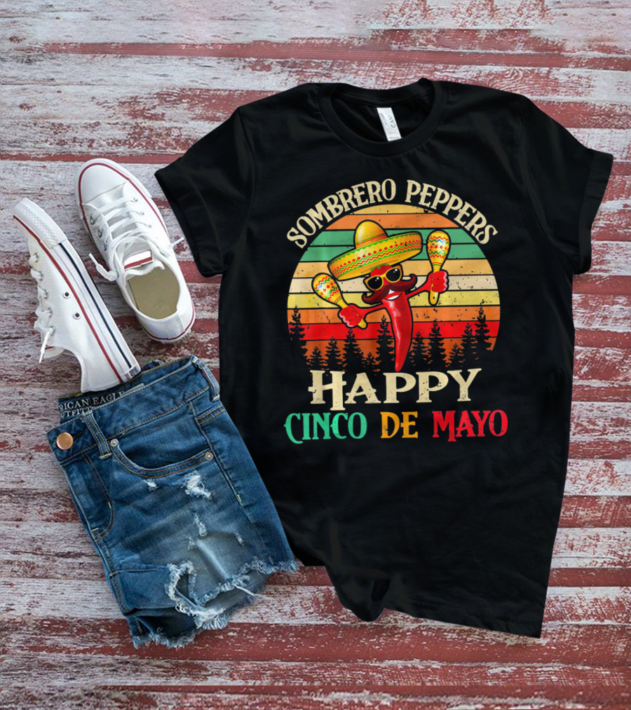 Sombrero Peppers Happy Cinco De Mayo Vintage Sunset T-Shirt