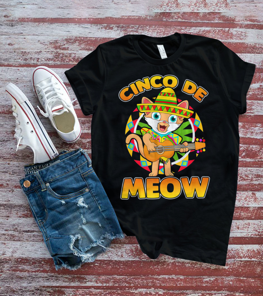 Cinco De Meow Mexican Sombrero Cat Playing Guitar T-Shirt