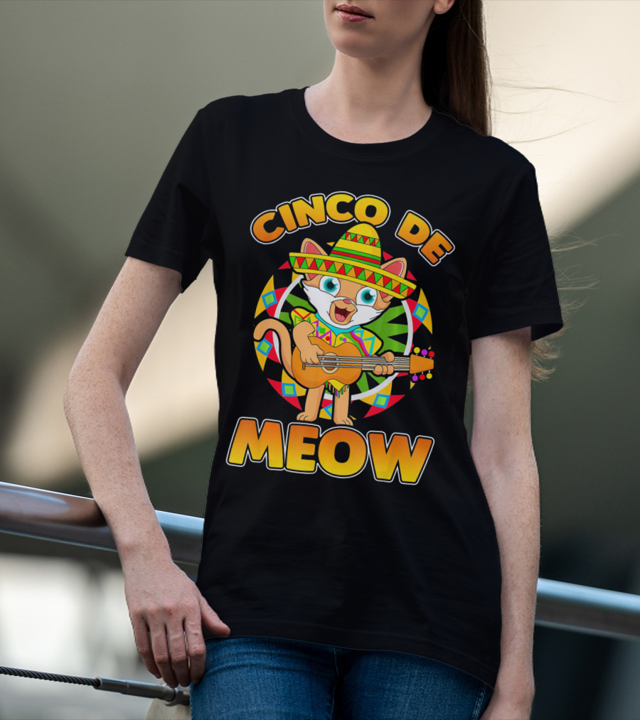 Cinco De Meow Mexican Sombrero Cat Playing Guitar T-Shirt