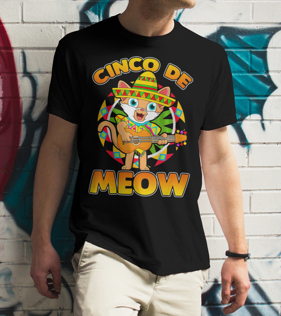 Cinco De Meow Mexican Sombrero Cat Playing Guitar T-Shirt