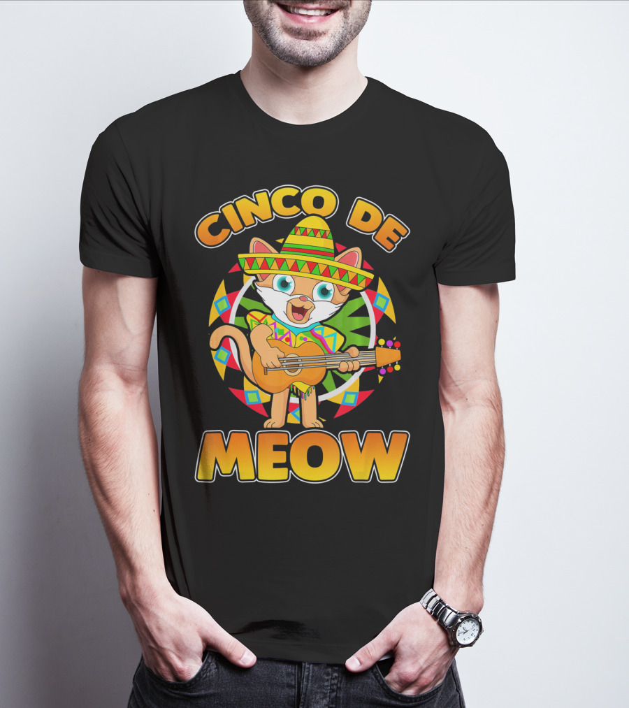 Cinco De Meow Mexican Sombrero Cat Playing Guitar T-Shirt