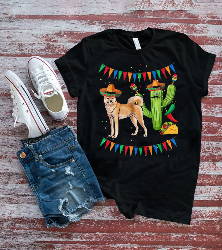 Sombrero Akita Dog Cactus Taco Maracas Mexico Cinco De Mayo T-Shirt