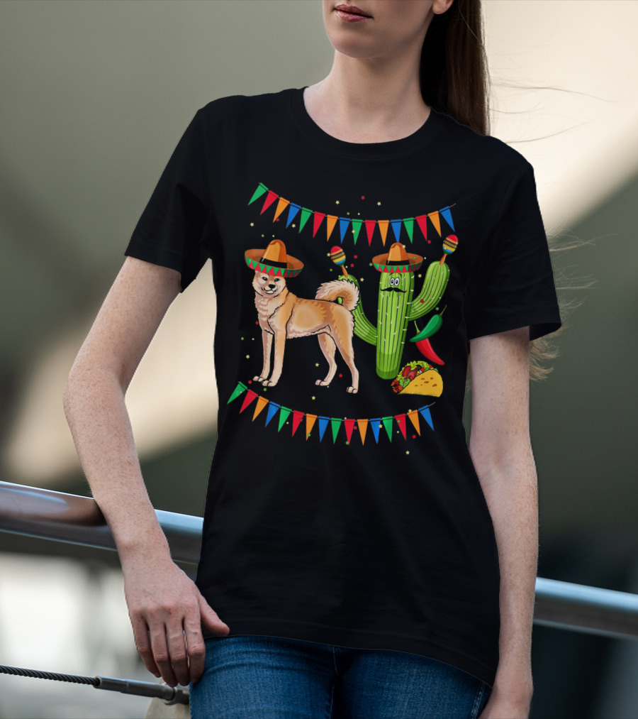 Sombrero Akita Dog Cactus Taco Maracas Mexico Cinco De Mayo T-Shirt