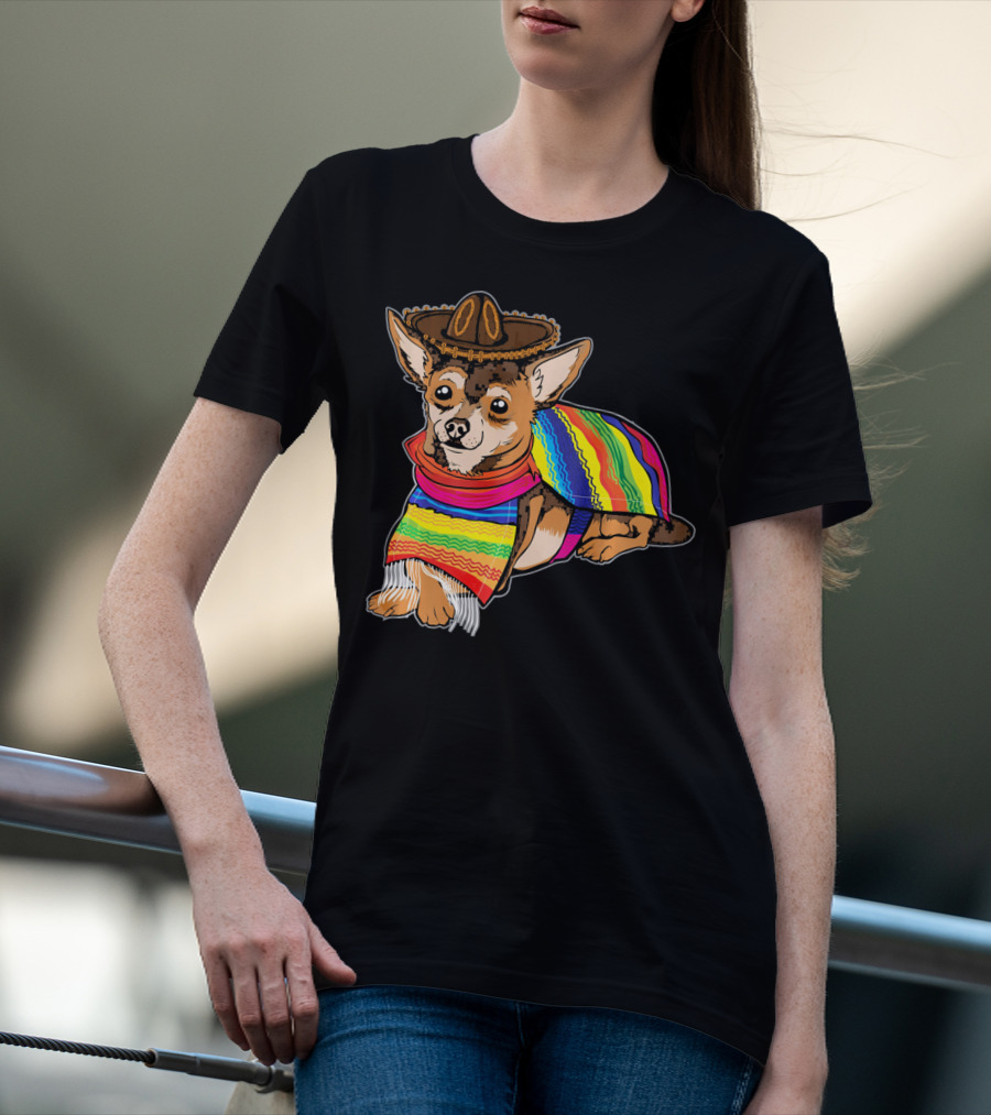 Cute Dog Chihuahua Chiweenie Mexico Sombrero Rainbow Poncho Cinc T-Shirt