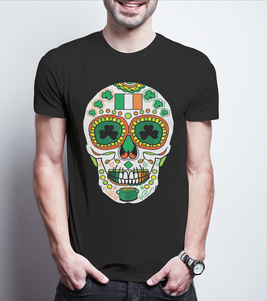 St Paddys Day Irish Flag Shamrock Sugar Skull Cinco De T-Shirt