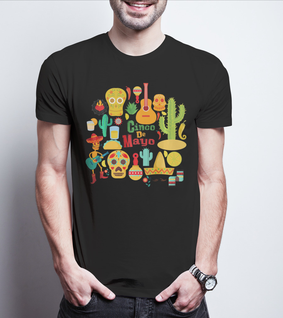 Cinco De Mayo Cactus Skull Sombrero Guitar Festivity T-Shirt