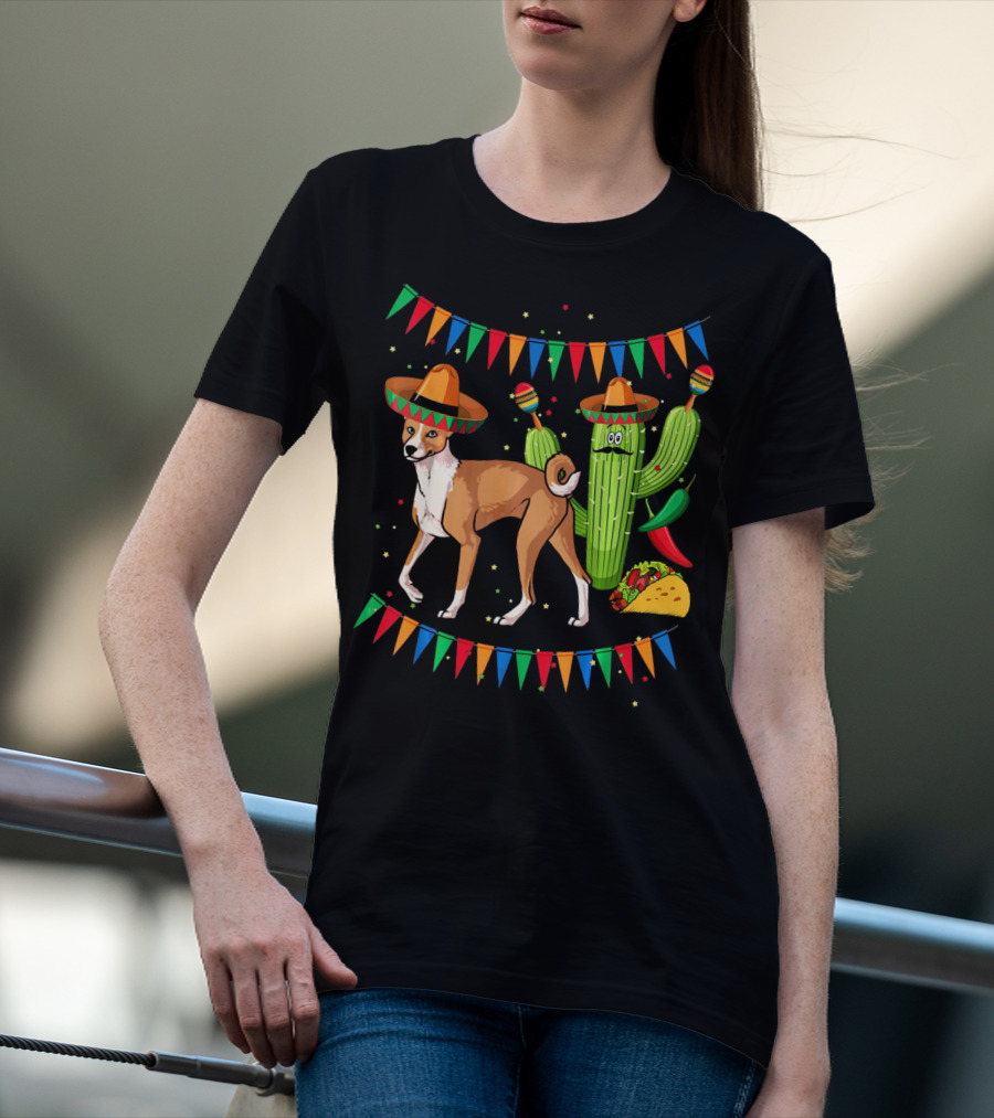 Sombrero Basenji Dog And Cactus Mexico Cinco De May Fiesta Elements T-Shirt