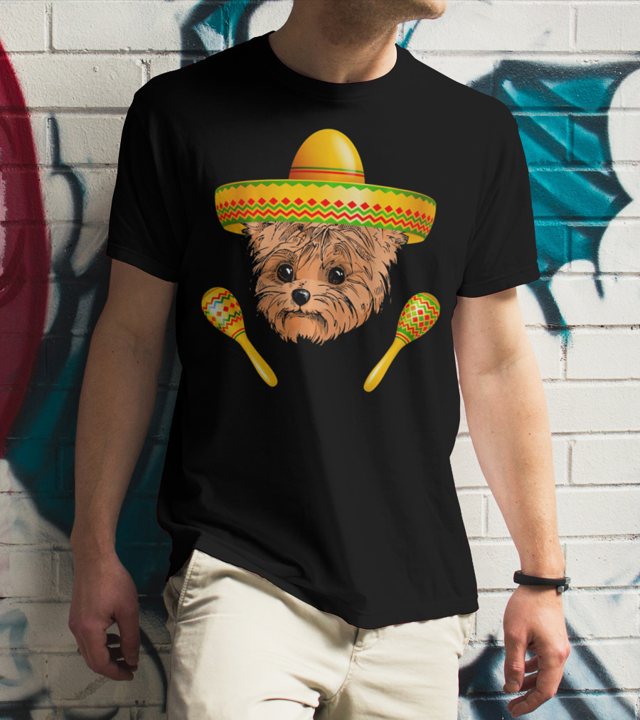 Funny Cinco De Mayo Yorkie Sombrero Maracas T-Shirt