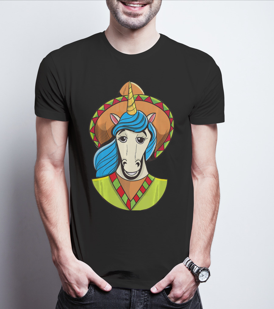 Hispanic Unicorn In Sombrero With Colorful Mane For Cinco T-Shirt