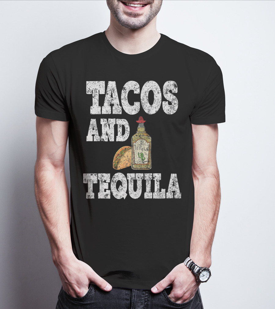 Tacos And Tequila With Bottle And Sombrero For Cinco De Mayo T-Shirt