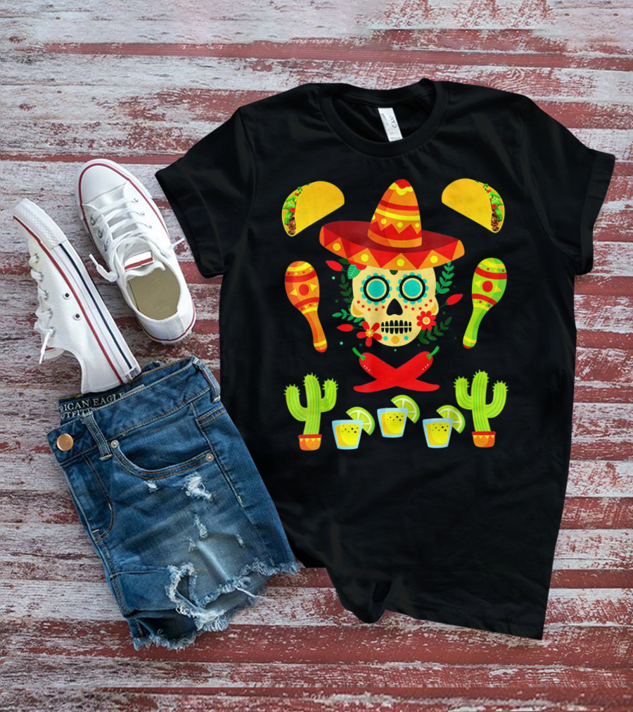 Festive Cinco De Mayo Sombrero Skull With Tacos And Maracas T-Shirt