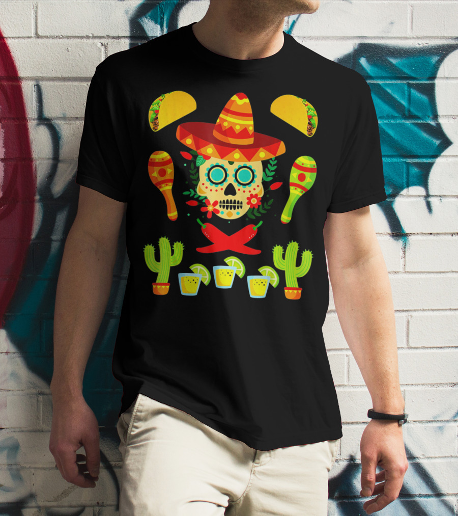 Festive Cinco De Mayo Sombrero Skull With Tacos And Maracas T-Shirt