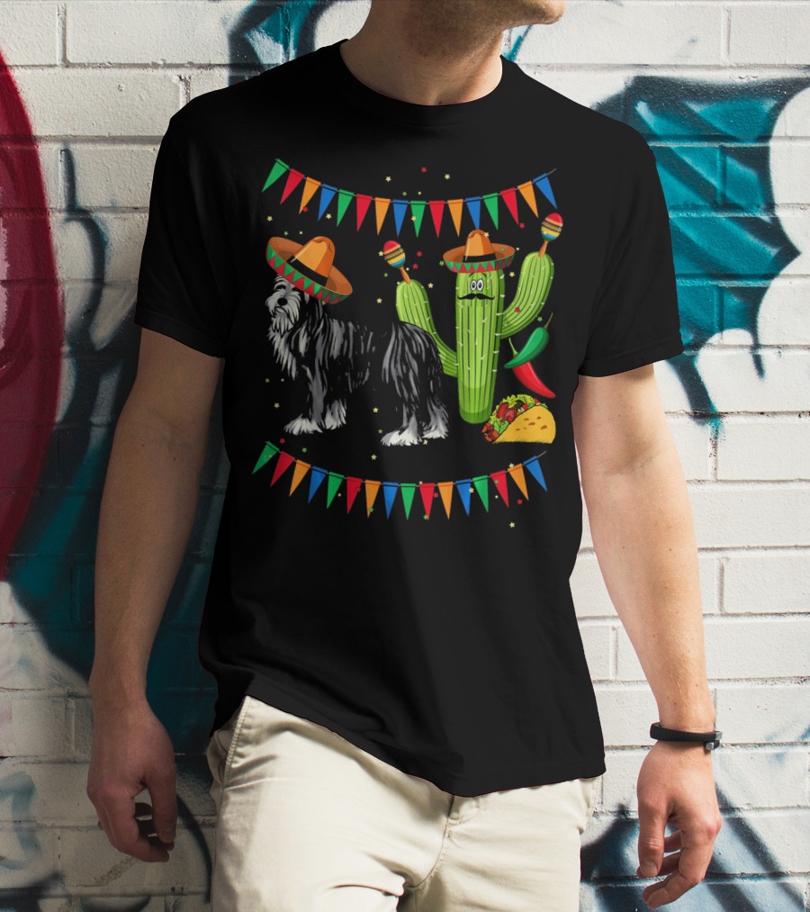 Sombrero Bearded Collie Dog Cactus Fiesta Mexico Cinco De Mayo Flags Taco Maracas T-Shirt