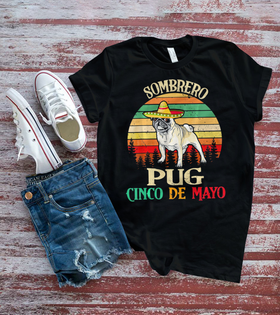 Sombrero Pug Cinco De Mayo Retro Stripes T-Shirt